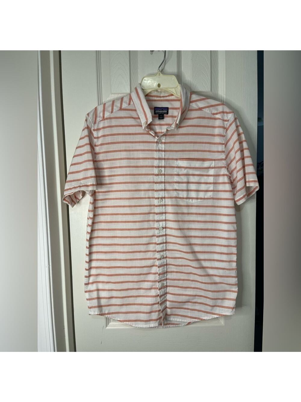 Patagonia Men's Terrain Stripe Sunset Orange Organic Cotton Camp shirt Small